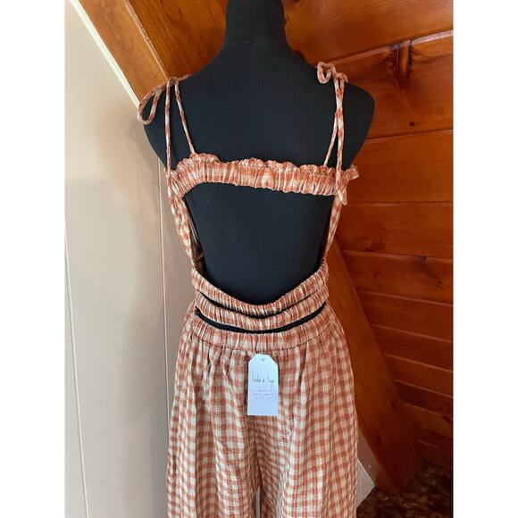 Sadie & Sage NWT Orange Gingham Plaid Open Back Smocked Wide leg Jumpsuit sz L - Picture 8 of 11